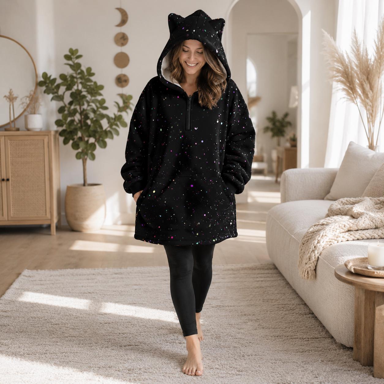 Celestial Star Speckle Fleece Hoodie Blanket, Cat Ear Hood