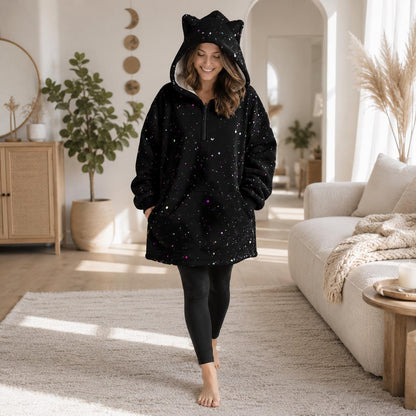 Celestial Star Speckle Fleece Hoodie Blanket, Cat Ear Hood