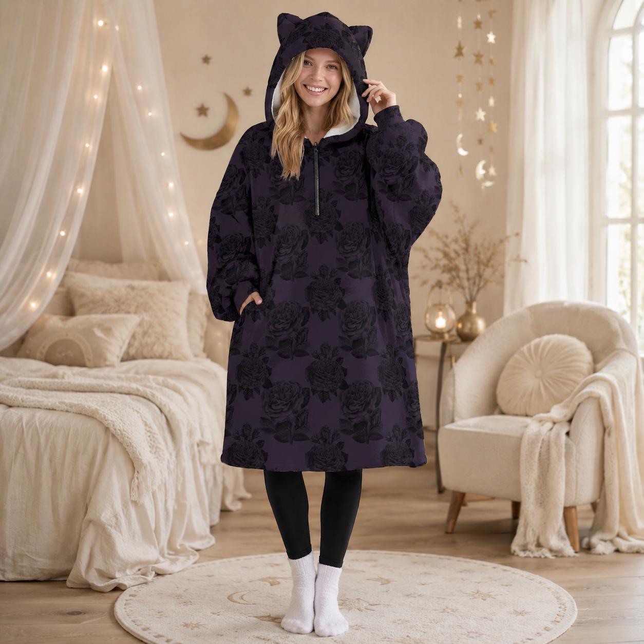 Purple Rose Gothic Hoodie Blanket with Cat Ear Hood, Oversized Fleece Cozy Wear, Dark Floral Fashion