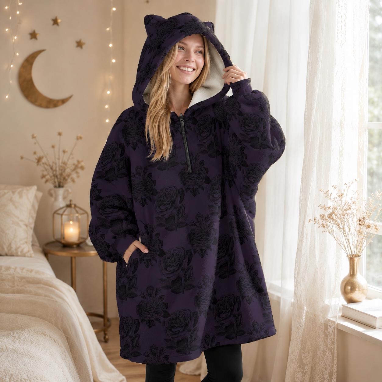 Purple Rose Gothic Hoodie Blanket with Cat Ear Hood, Oversized Fleece Cozy Wear, Dark Floral Fashion