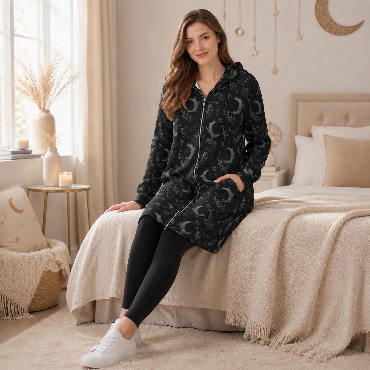 Moon and Stars Hooded Gothic Duster Cardigan with Celestial Print