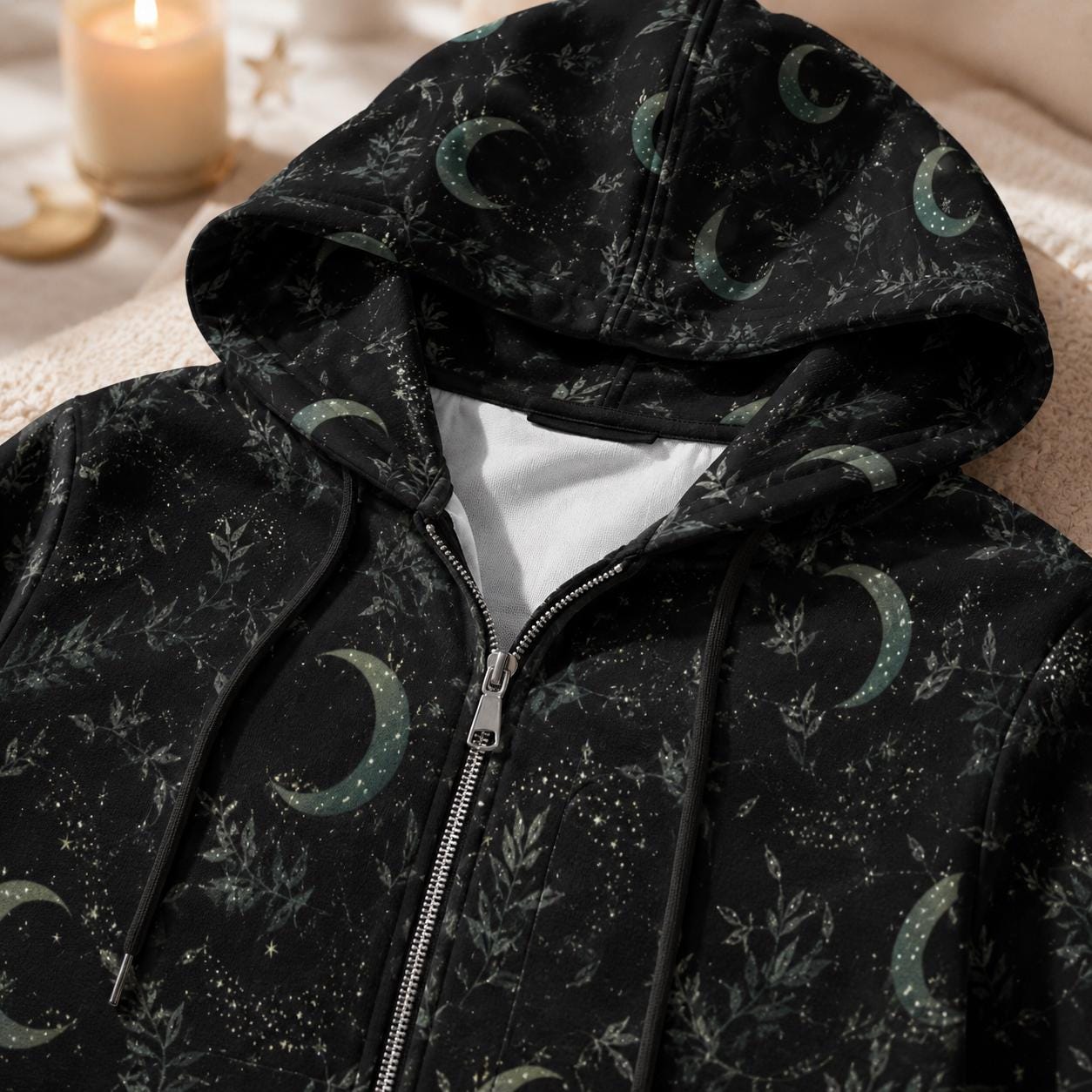 Moon and Stars Hooded Gothic Duster Cardigan with Celestial Print
