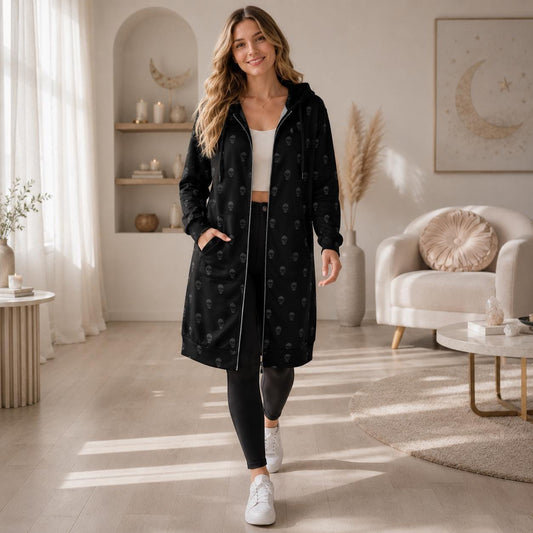 Black Skull Hooded Cardigan, Long Zip Hoodie, Gothic Duster Jacket
