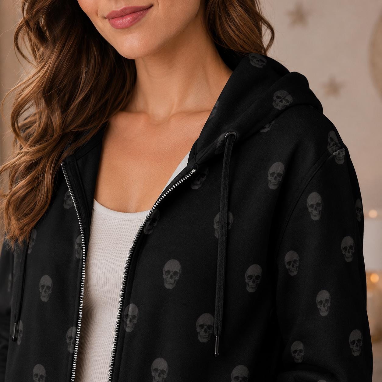 Black Skull Hooded Cardigan, Long Zip Hoodie, Gothic Duster Jacket