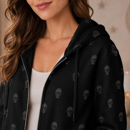 Black Skull Hooded Cardigan, Long Zip Hoodie, Gothic Duster Jacket