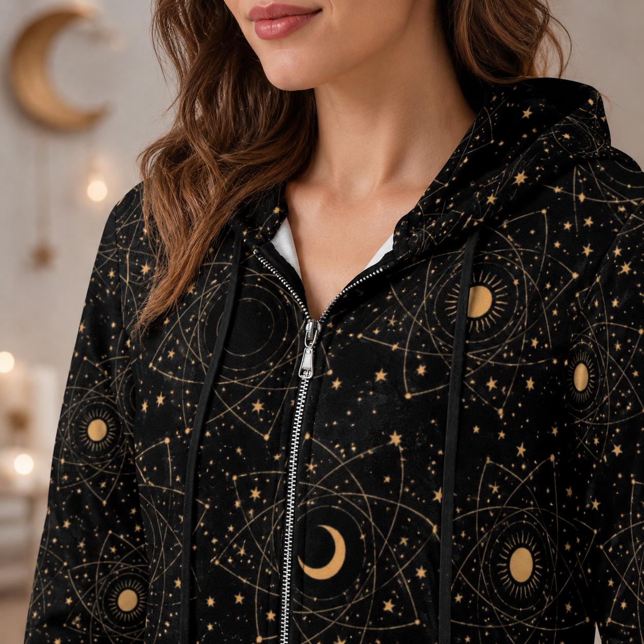 Celestial Moon Sun Hoodie Cardigan, Long Zip Hooded Coat, Witchy Star Print Outerwear for Women