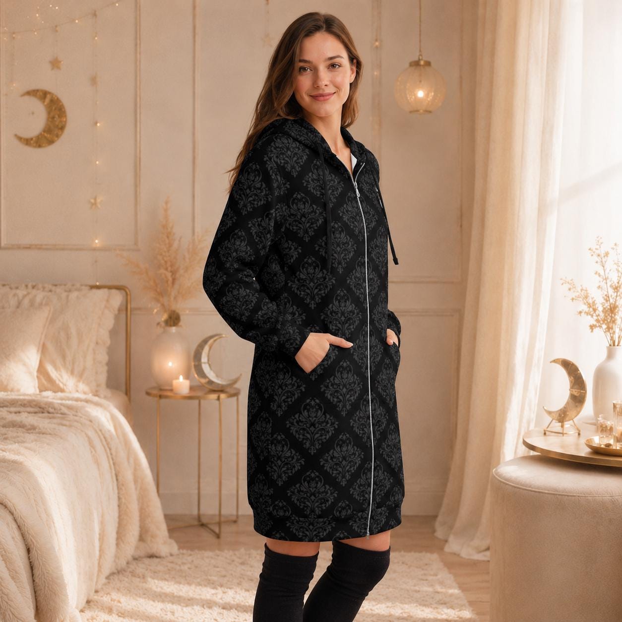 Damask Hooded Cardigan Black Baroque Longline Duster Coat for Women
