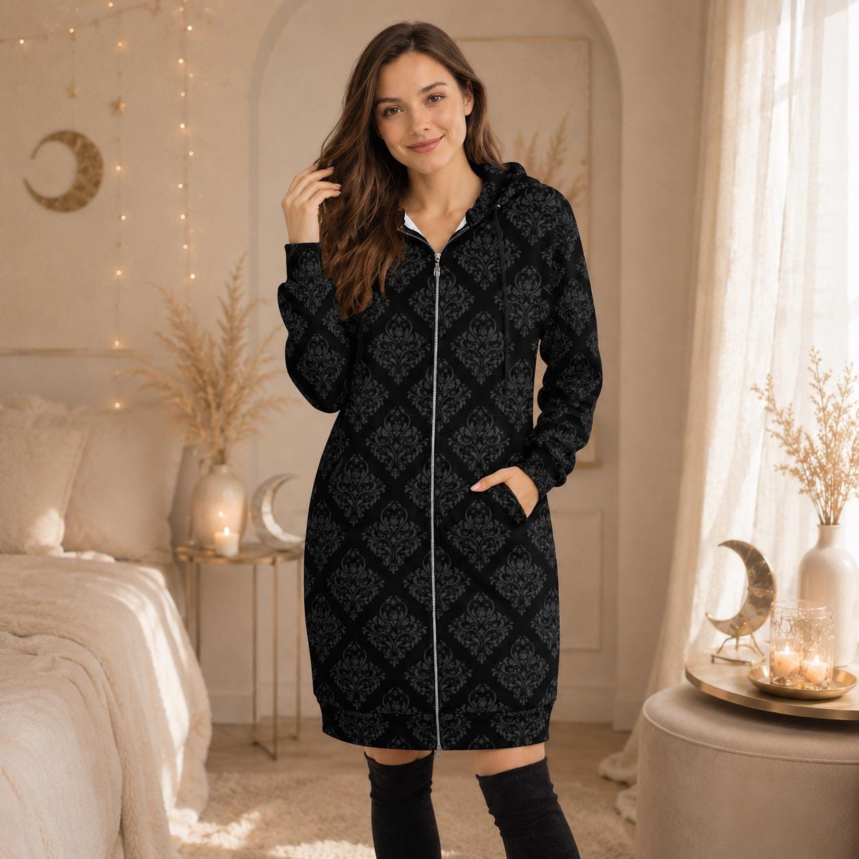 Damask Hooded Cardigan Black Baroque Longline Duster Coat for Women