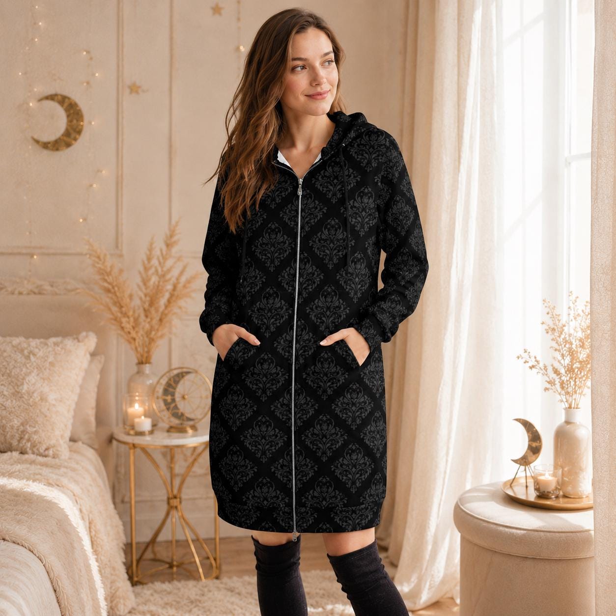 Damask Hooded Cardigan Black Baroque Longline Duster Coat for Women