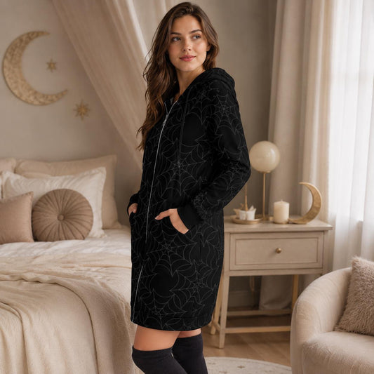 Black Spiderweb Hooded Duster, Gothic Long Cardigan, Halloween Layering Coat, Witchy Zip Robe