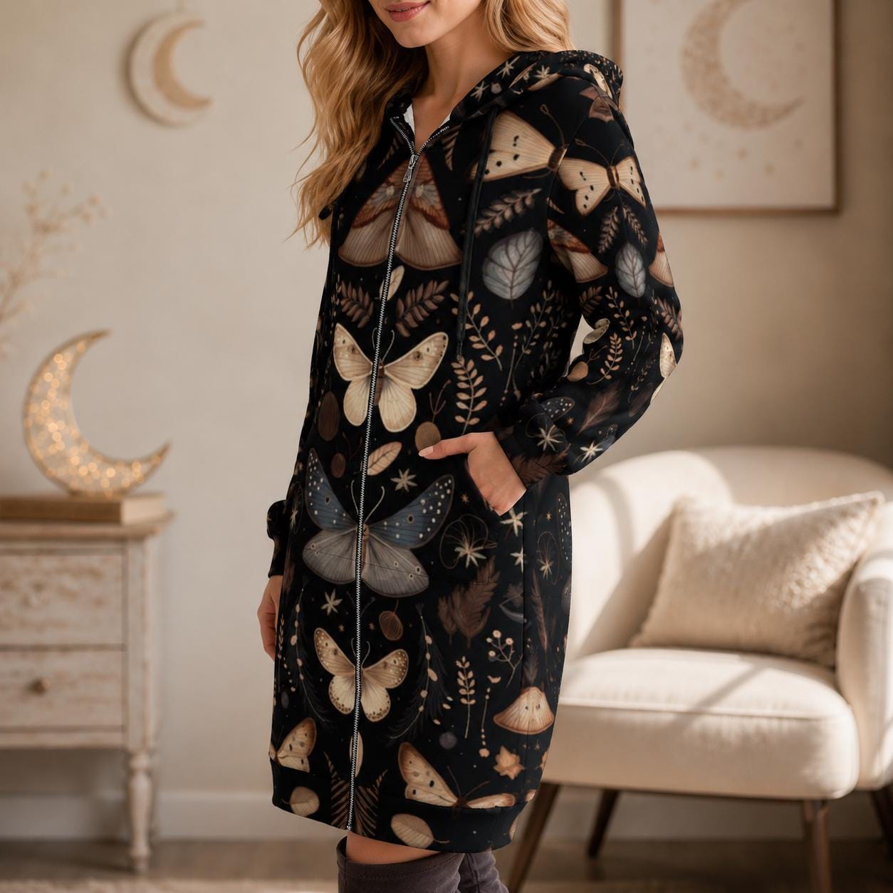 Moth Print Long Hooded Jacket, Woodland Gothic Outerwear, Fall Layering Coat