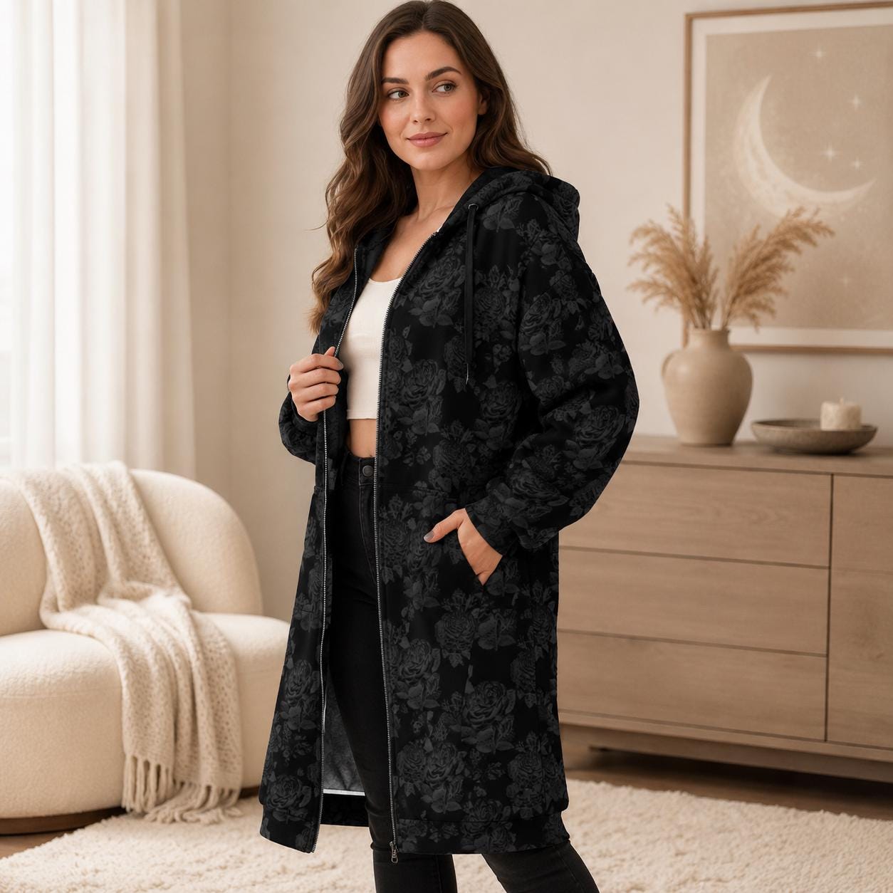 Black Rose Hooded Cardigan Goth Zip Duster Long Floral Jacket for Women