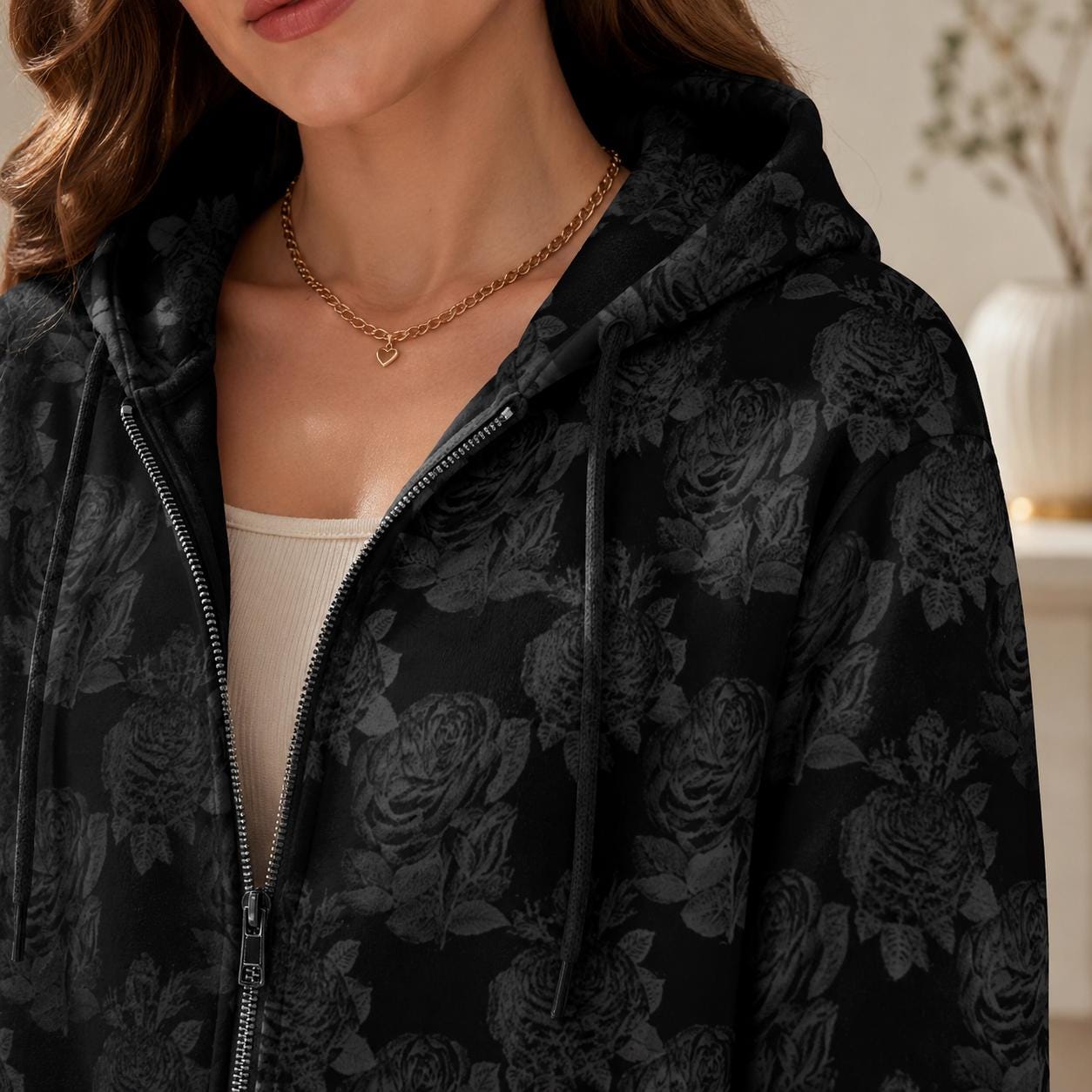 Black Rose Hooded Cardigan Goth Zip Duster Long Floral Jacket for Women