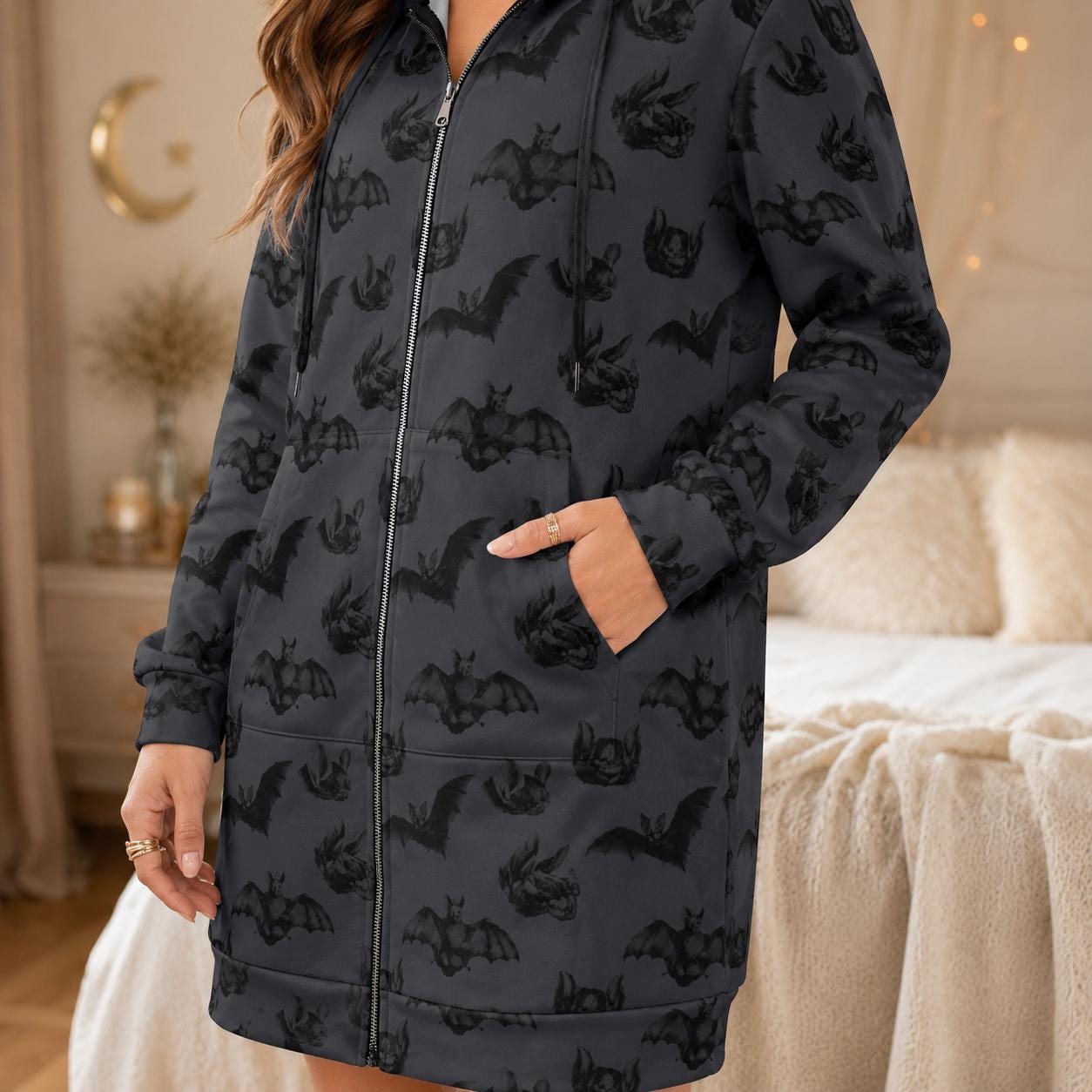 Bat Print Hooded Cardigan, Gothic Long Zip Hoodie, Halloween Duster Jacket for Women