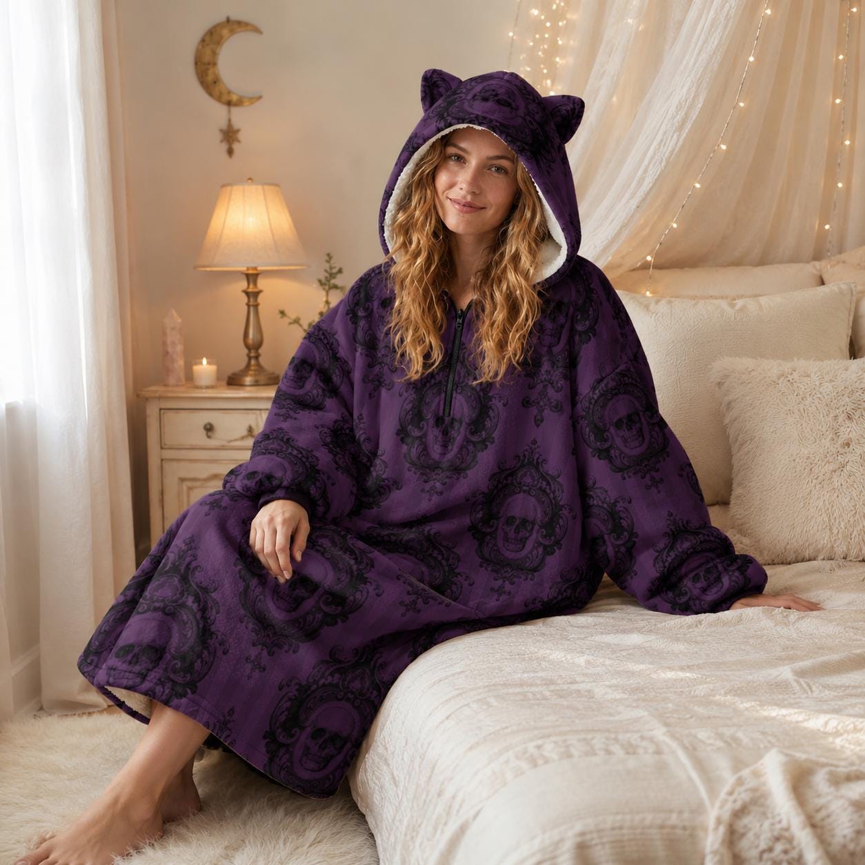 Purple Gothic Damask Hooded Blanket, Oversized Fleece Hoodie with Cat Ears, Spooky Lounge Wear