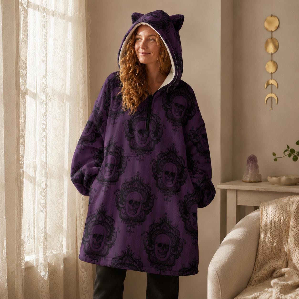 Purple Gothic Damask Hooded Blanket, Oversized Fleece Hoodie with Cat Ears, Spooky Lounge Wear