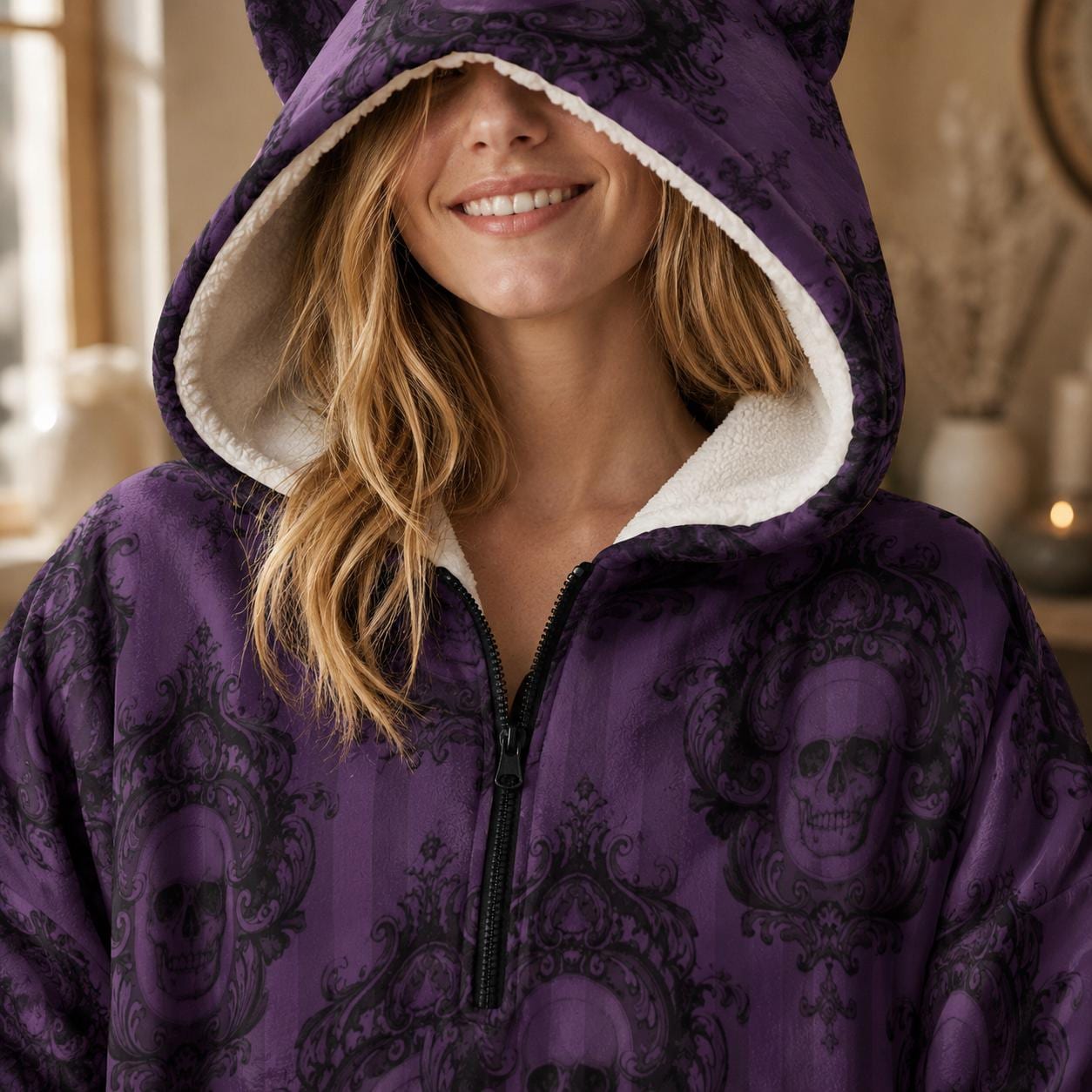 Purple Gothic Damask Hooded Blanket, Oversized Fleece Hoodie with Cat Ears, Spooky Lounge Wear