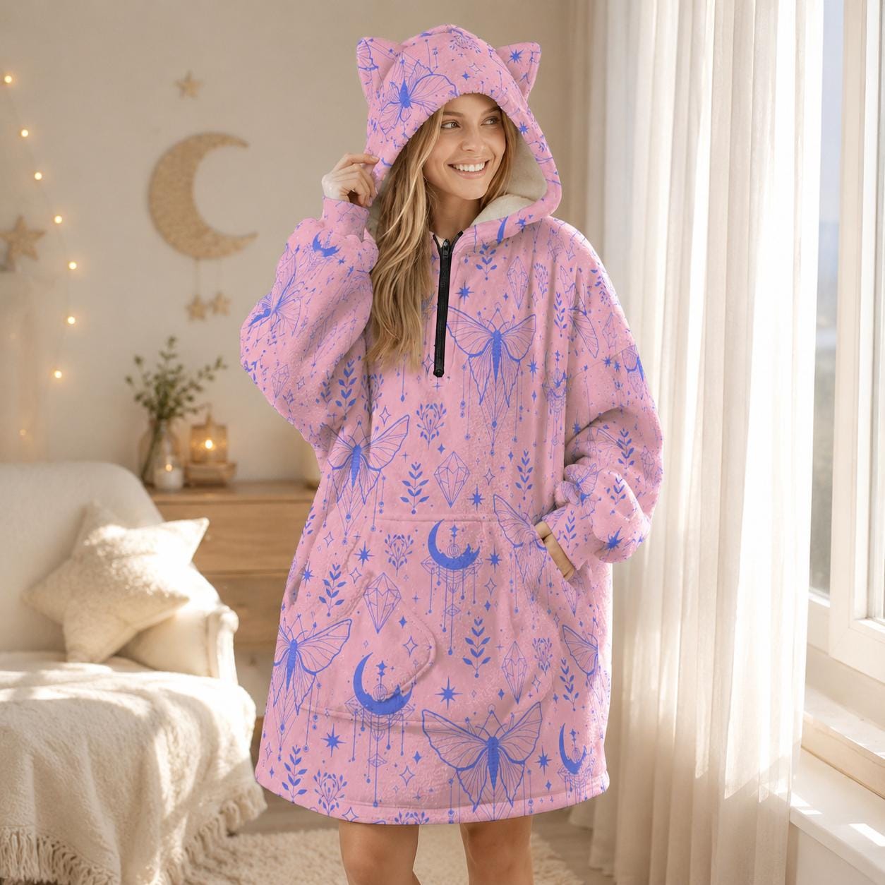 Pink Celestial Moth Hooded Blanket, Cat Ear Wearable Throw, Pastel Moon Lounge Hoodie, Cozy Witchy Gift