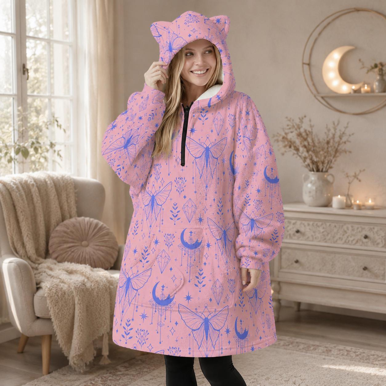 Pink Celestial Moth Hooded Blanket, Cat Ear Wearable Throw, Pastel Moon Lounge Hoodie, Cozy Witchy Gift