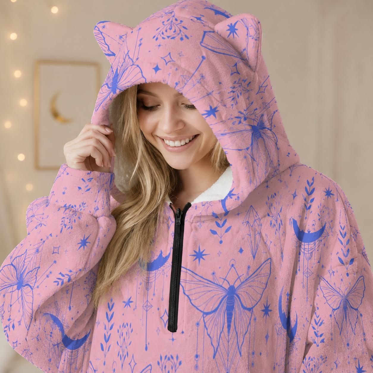 Pink Celestial Moth Hooded Blanket, Cat Ear Wearable Throw, Pastel Moon Lounge Hoodie, Cozy Witchy Gift