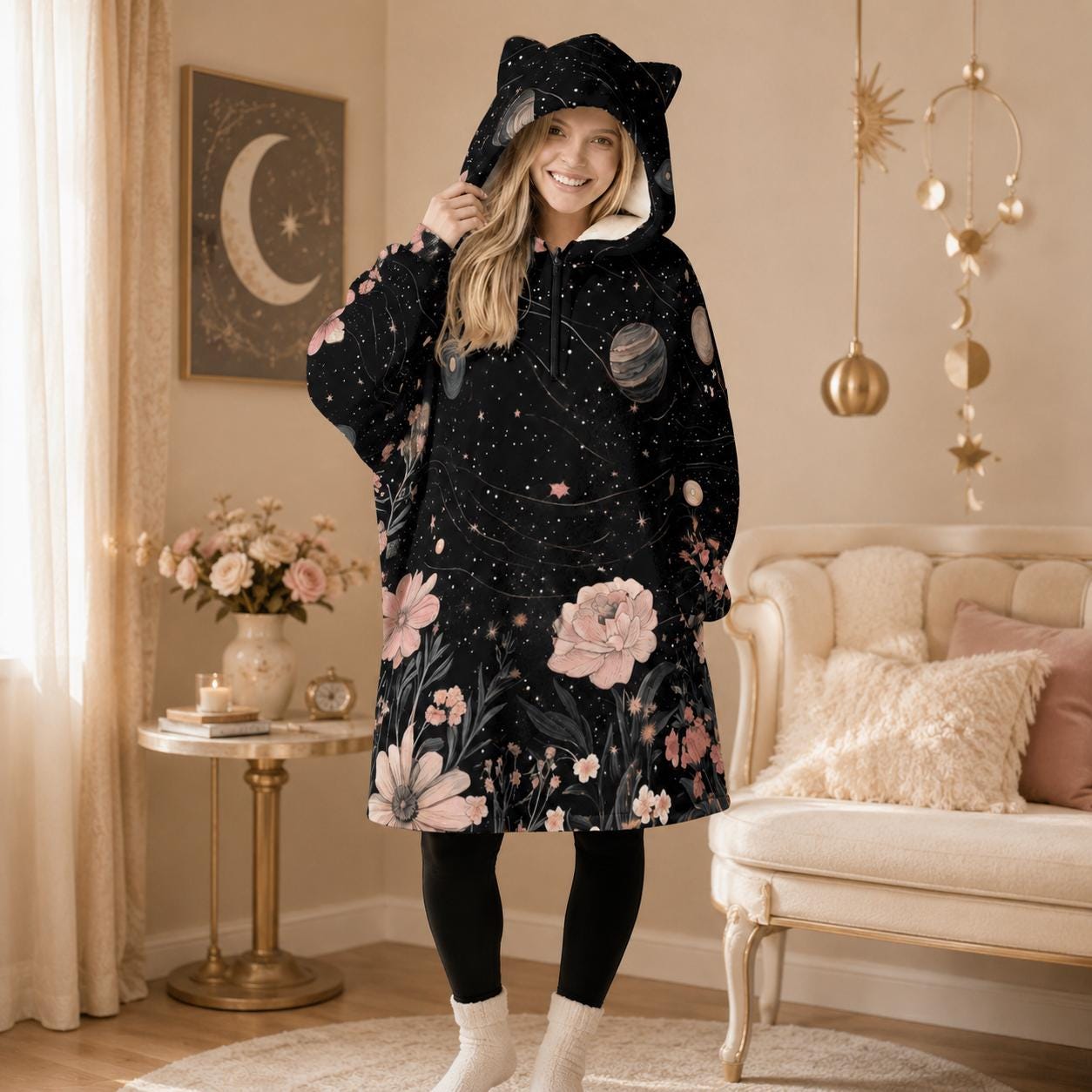 Galaxy Floral Cat Ear Hooded Blanket, Spacecore Wearable Throw, Cozy Celestial Loungewear