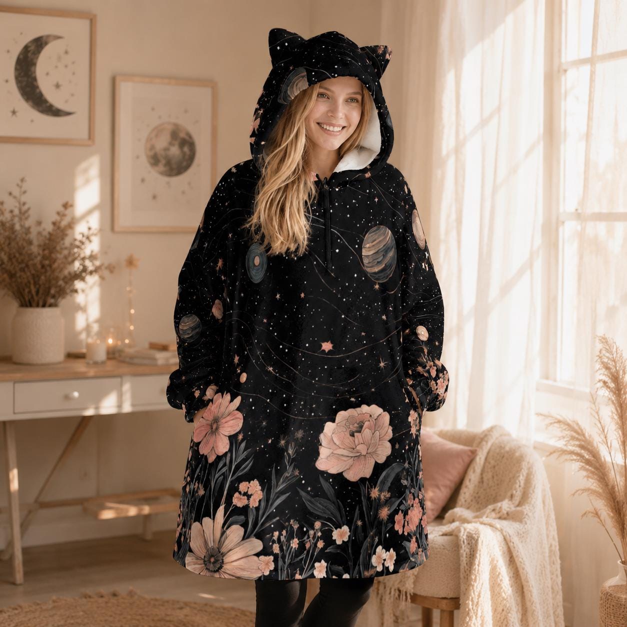 Galaxy Floral Cat Ear Hooded Blanket, Spacecore Wearable Throw, Cozy Celestial Loungewear