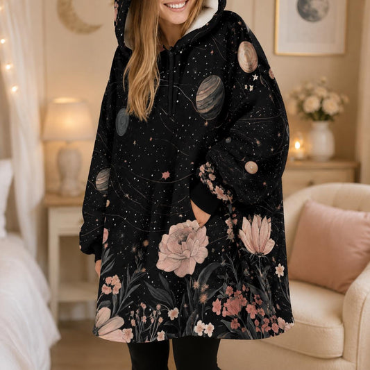 Galaxy Floral Cat Ear Hooded Blanket, Spacecore Wearable Throw, Cozy Celestial Loungewear