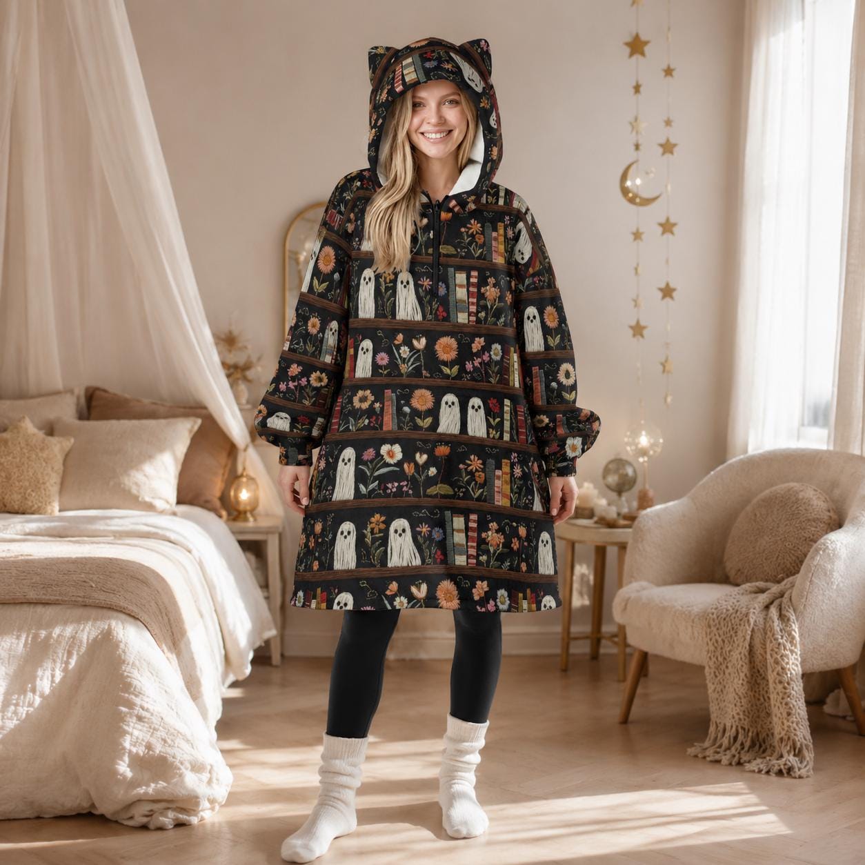 Ghost Bookshelf Hooded Blanket, Spooky Floral Cozy Reading Hoodie