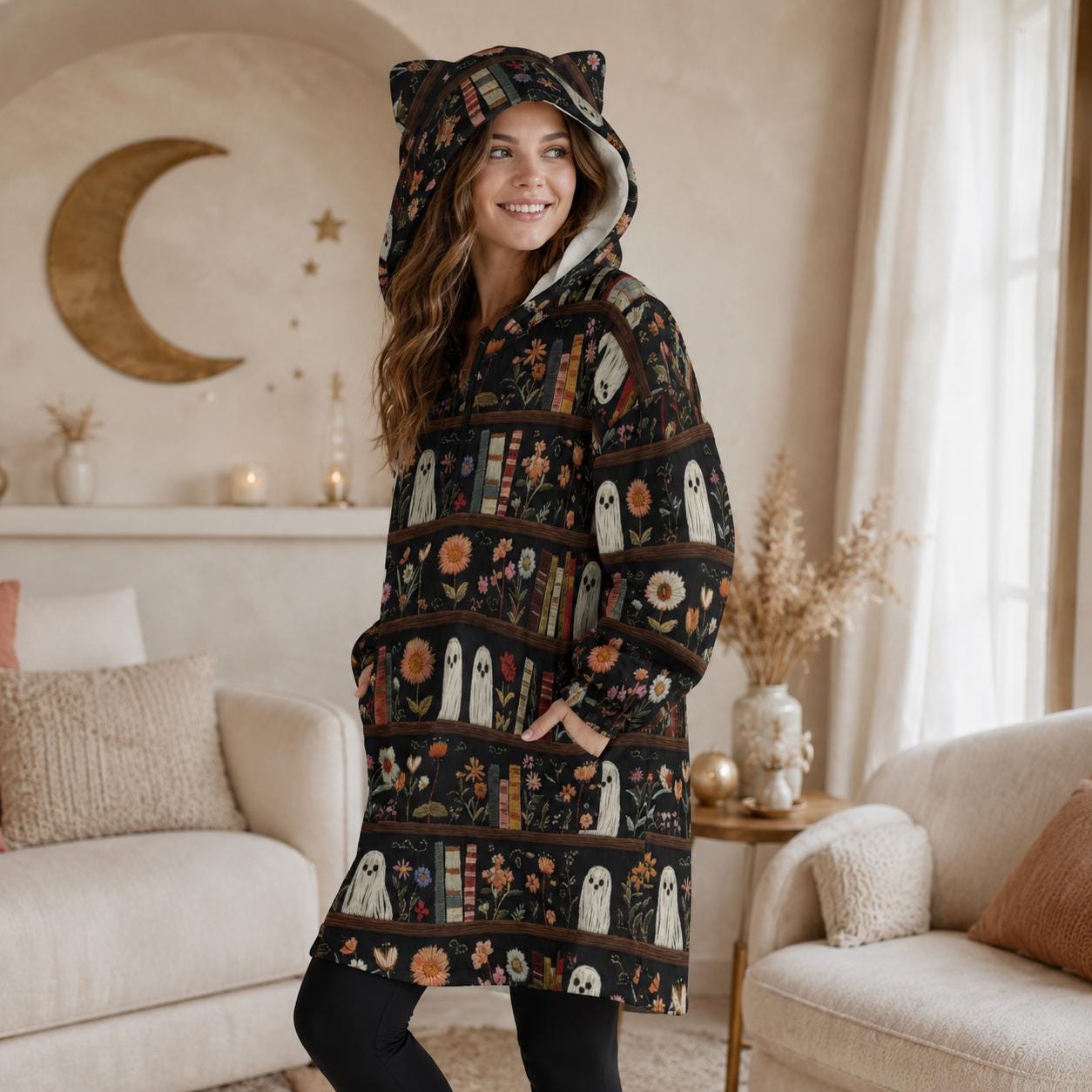 Ghost Bookshelf Hooded Blanket, Spooky Floral Cozy Reading Hoodie