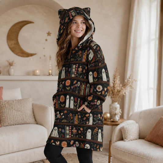 Ghost Bookshelf Hooded Blanket, Spooky Floral Cozy Reading Hoodie