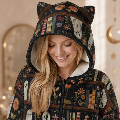 Ghost Bookshelf Hooded Blanket, Spooky Floral Cozy Reading Hoodie