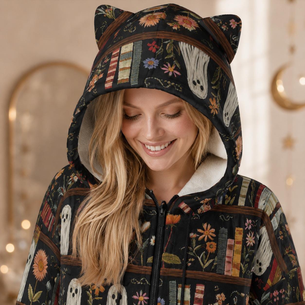 Ghost Bookshelf Hooded Blanket, Spooky Floral Cozy Reading Hoodie