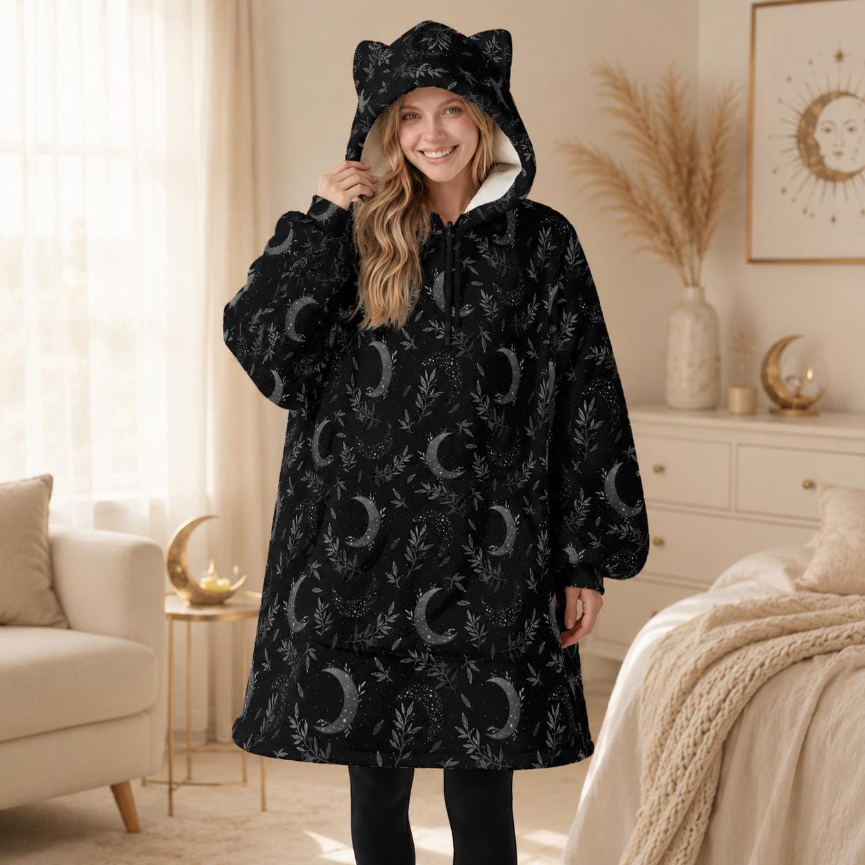 Moon Phase Cat Ear Hooded Wearable Blanket Hoodie