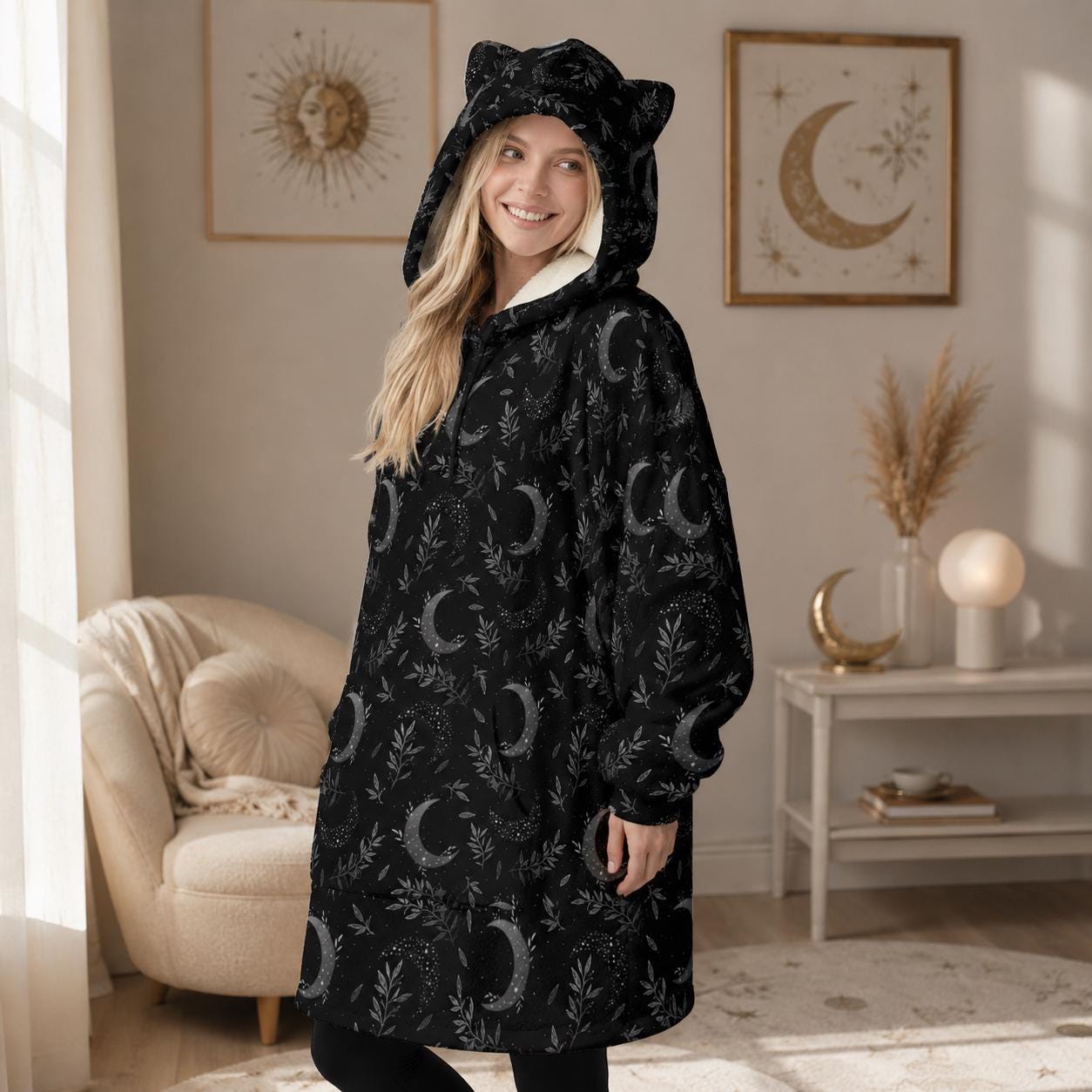 Moon Phase Cat Ear Hooded Wearable Blanket Hoodie
