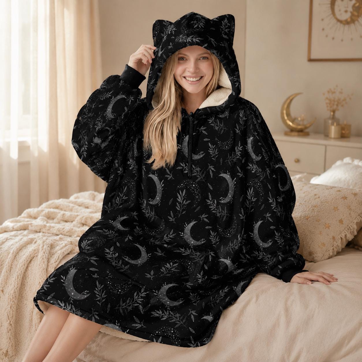 Moon Phase Cat Ear Hooded Wearable Blanket Hoodie