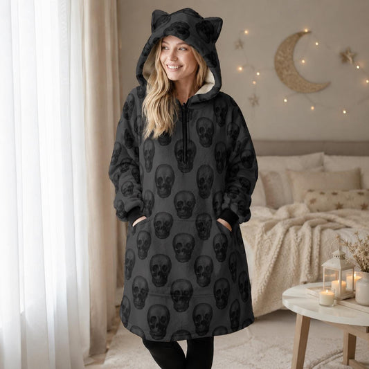 Skull Cat Ear Hooded Blanket, Oversized Cozy Wearable Lounge Hoodie for Halloween
