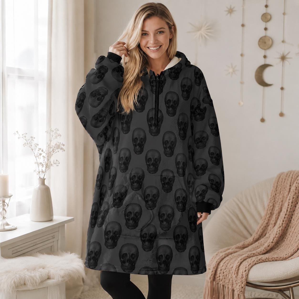 Skull Cat Ear Hooded Blanket, Oversized Cozy Wearable Lounge Hoodie for Halloween