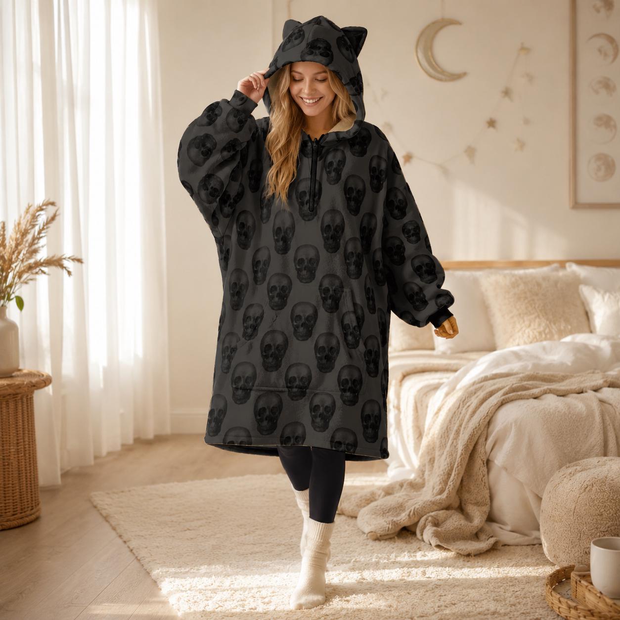 Skull Cat Ear Hooded Blanket, Oversized Cozy Wearable Lounge Hoodie for Halloween