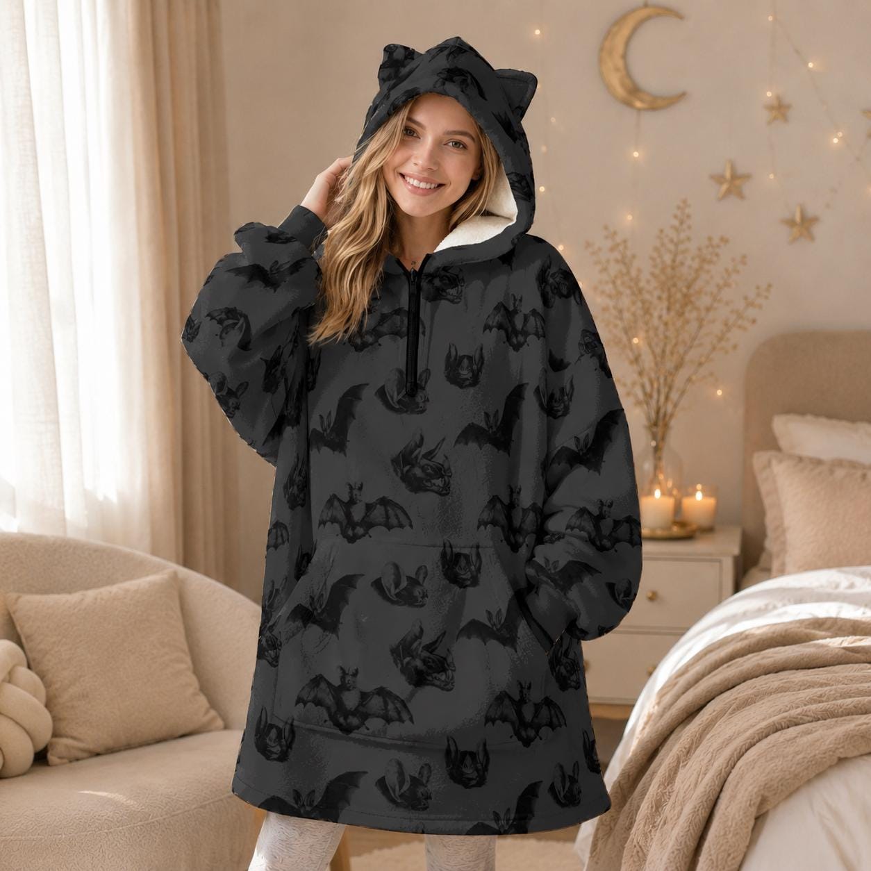 Bat hooded blanket, cat ear wearable hoodie, spooky lounge hoodie, charcoal Halloween snuggle gift
