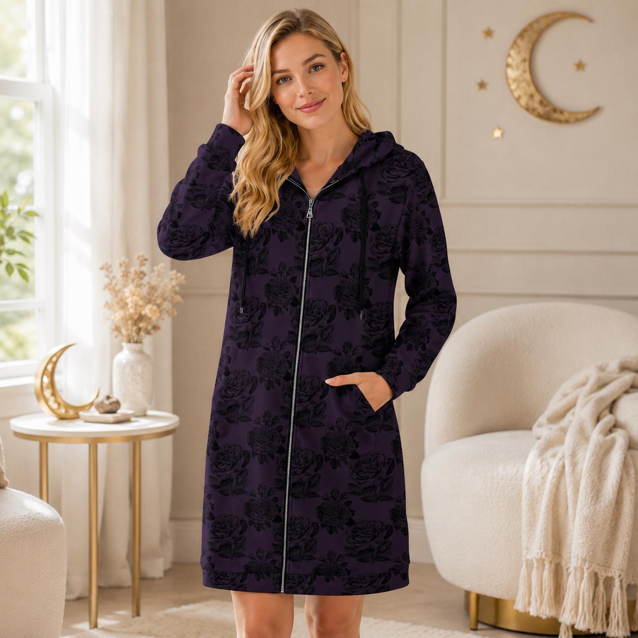 Black Rose Hooded Duster, Purple Floral Zip Cardigan, Romantic Goth Longline Jacket