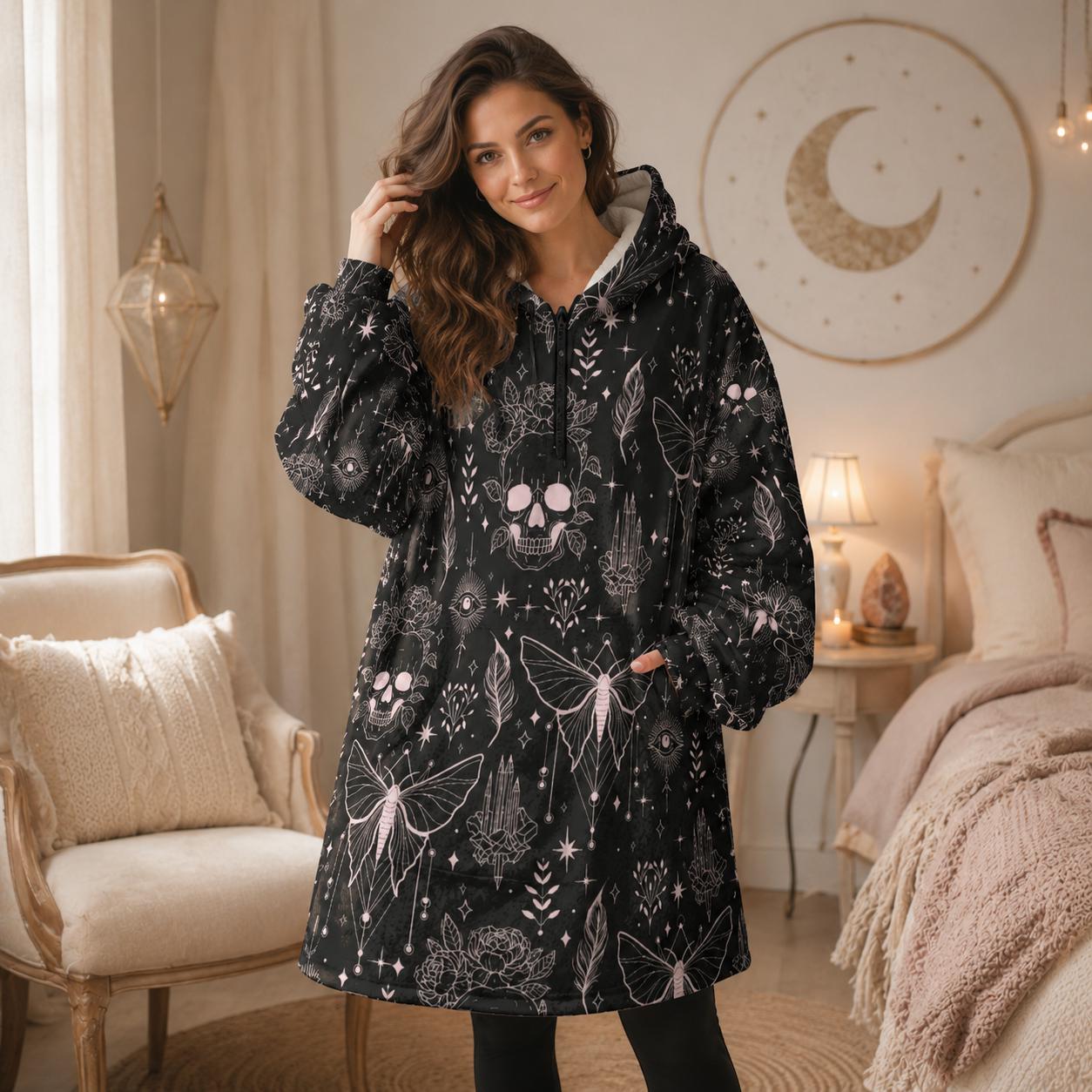 Hooded Blanket with Gothic Moth Skull Print, Oversized Wearable Blanket, Dark Cozy Gift