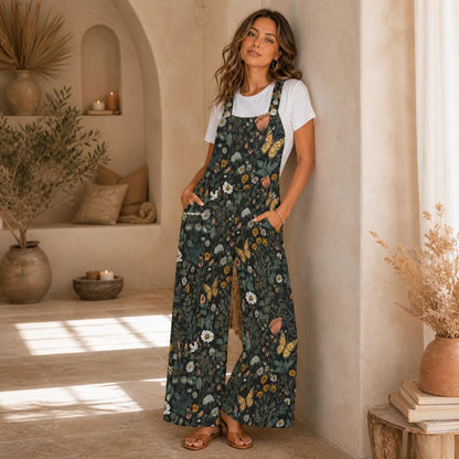 Wildflower Butterfly Jumpsuit, Botanical Wide Leg Cottagecore Overalls