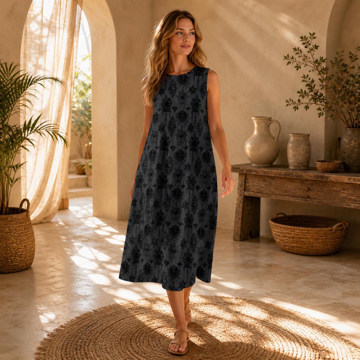 Charcoal Damask Midi Dress, Sleeveless Tiered Baroque Floral Sundress