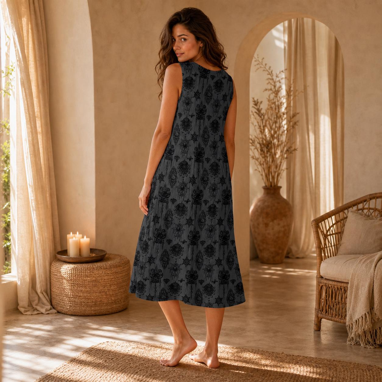 Charcoal Damask Midi Dress, Sleeveless Tiered Baroque Floral Sundress
