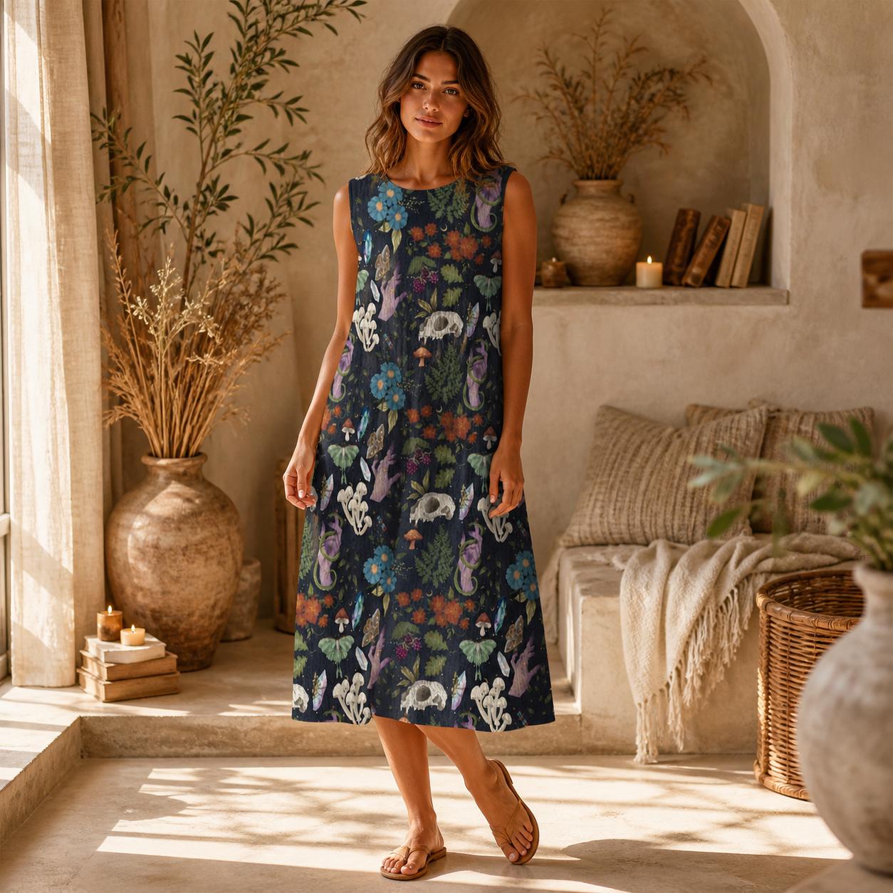 Dark Botanical Midi Dress, Woodland Animal Print, Sleeveless A-Line Cottagecore Style