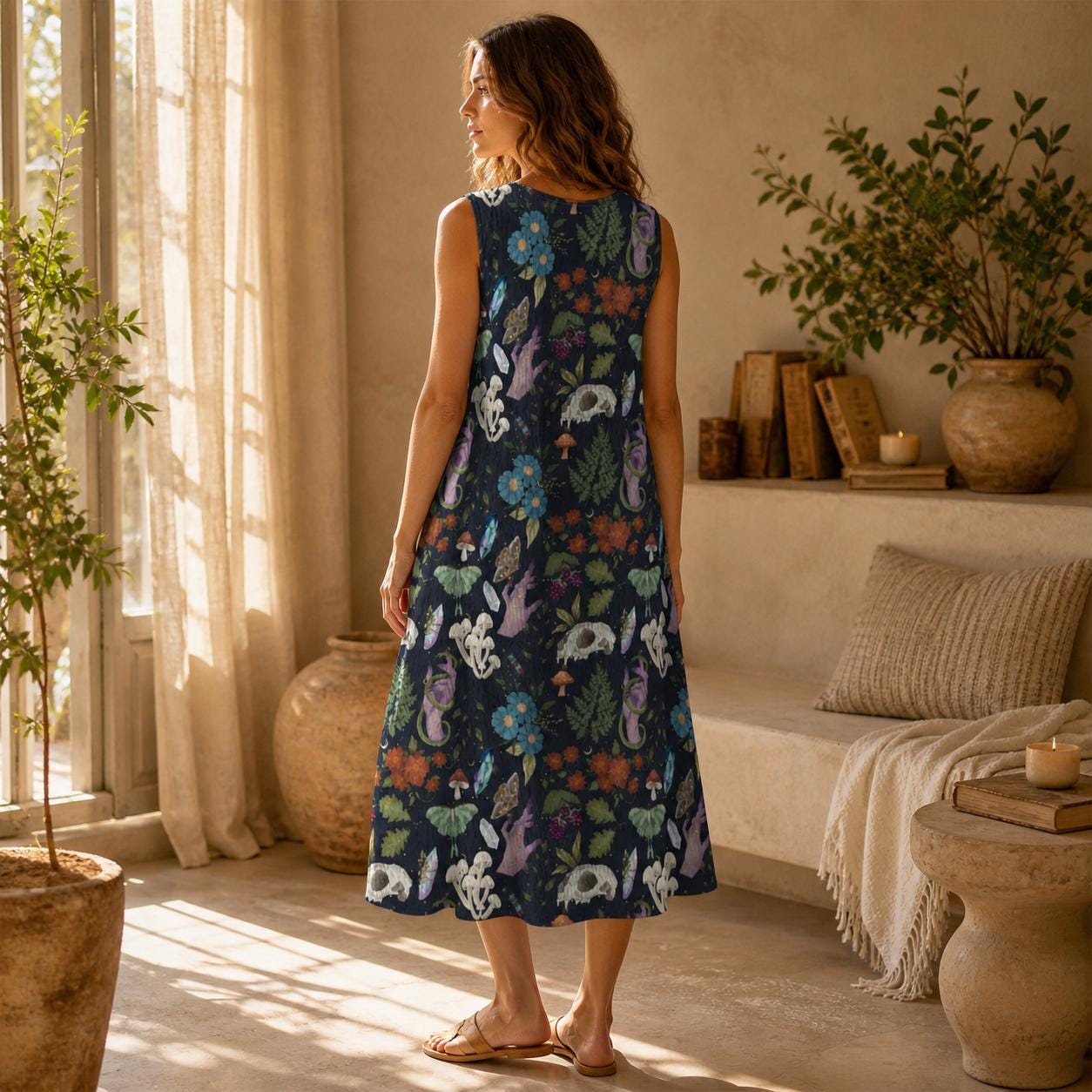 Dark Botanical Midi Dress, Woodland Animal Print, Sleeveless A-Line Cottagecore Style