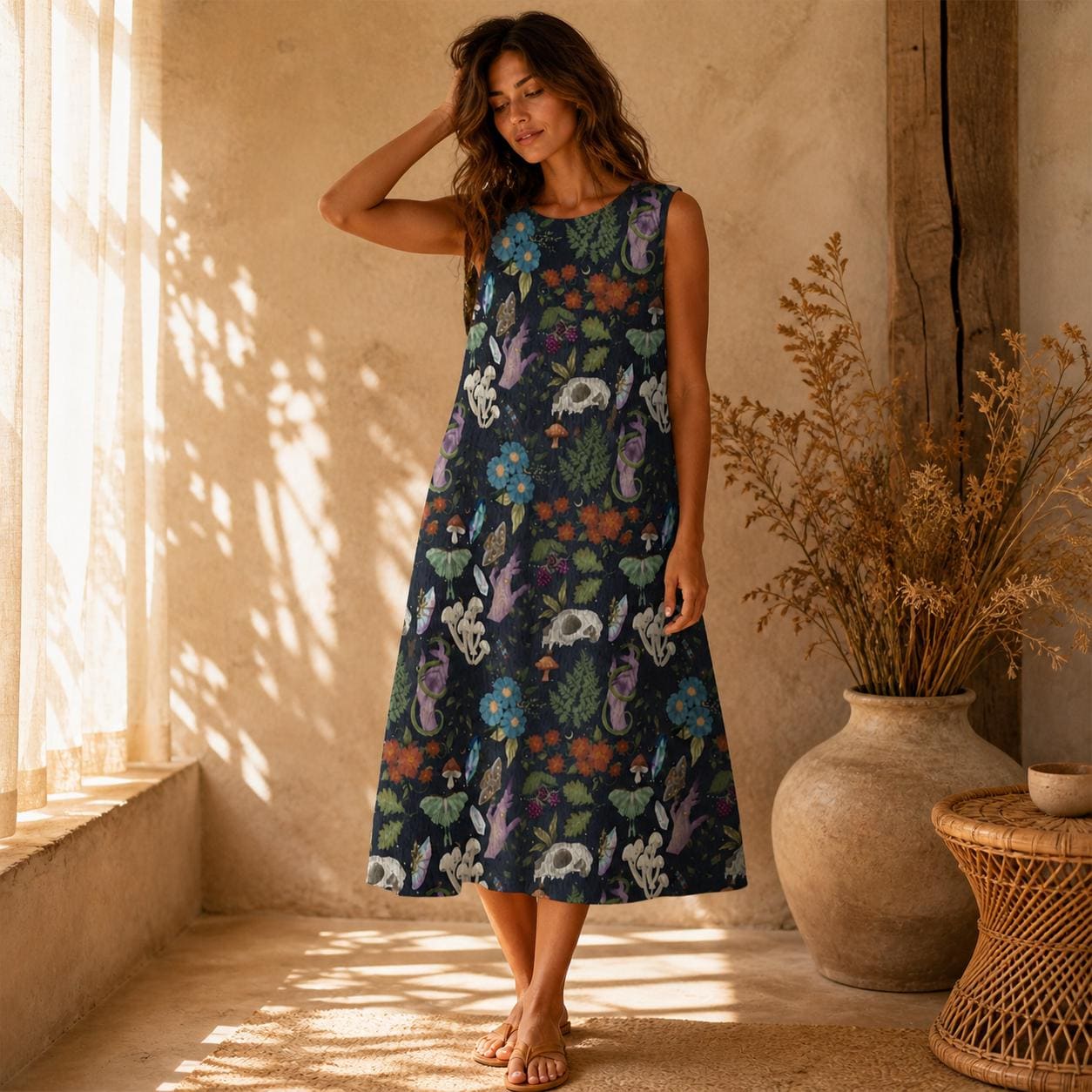 Dark Botanical Midi Dress, Woodland Animal Print, Sleeveless A-Line Cottagecore Style