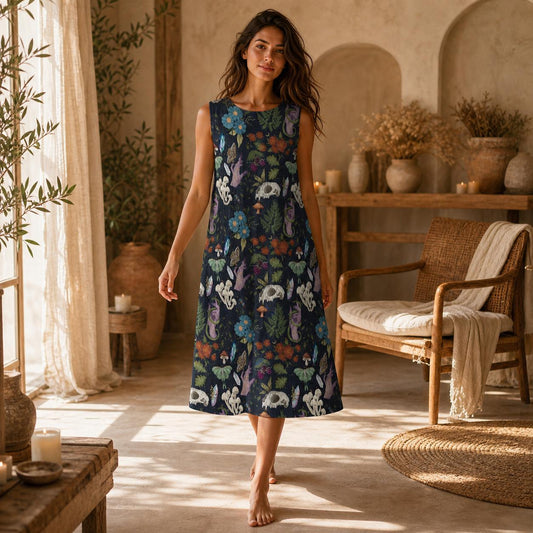 Dark Botanical Midi Dress, Woodland Animal Print, Sleeveless A-Line Cottagecore Style