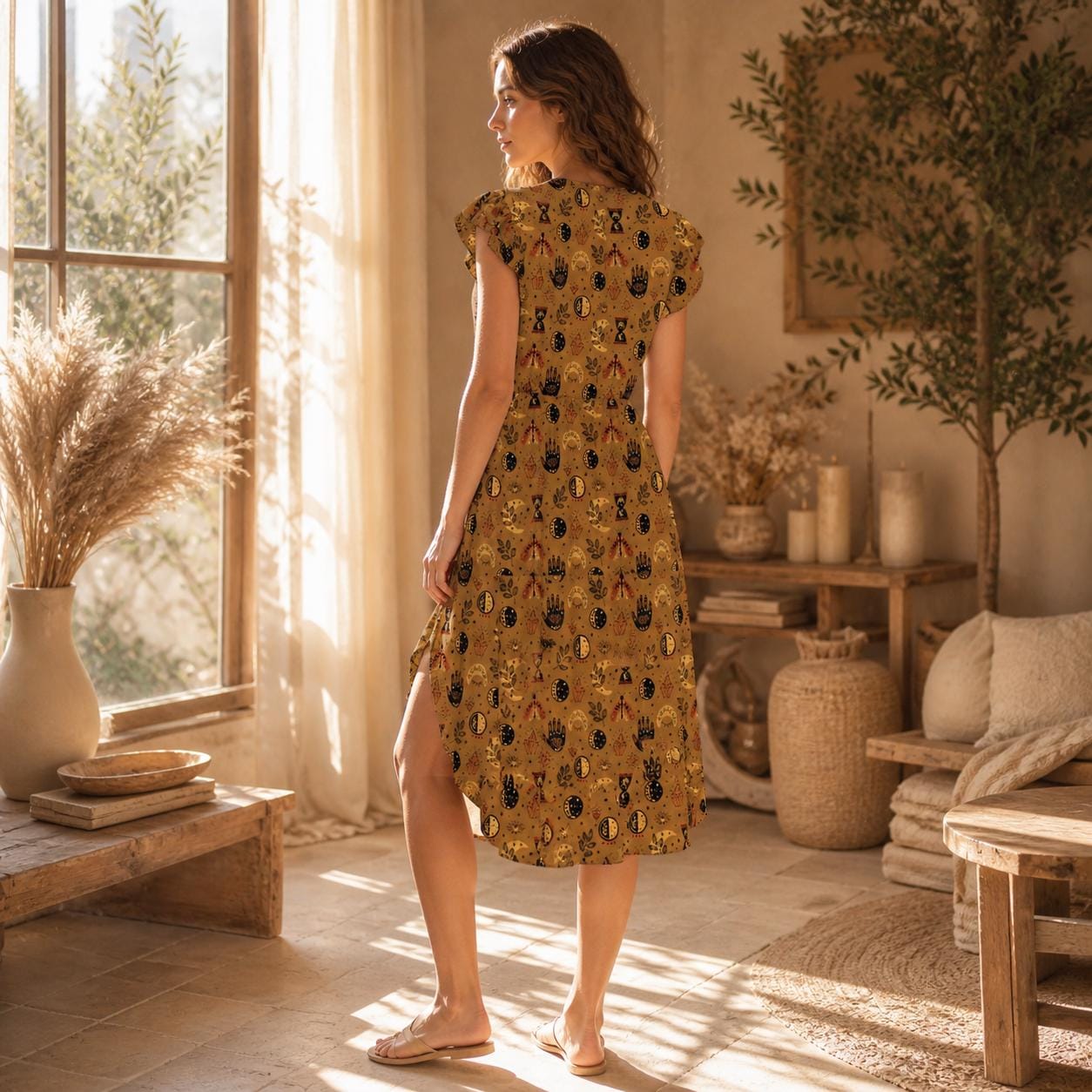 Celestial Print Midi Dress, Moon Phases, Mystical Symbols, Boho Charm, V-Neck, Flowing Silhouette