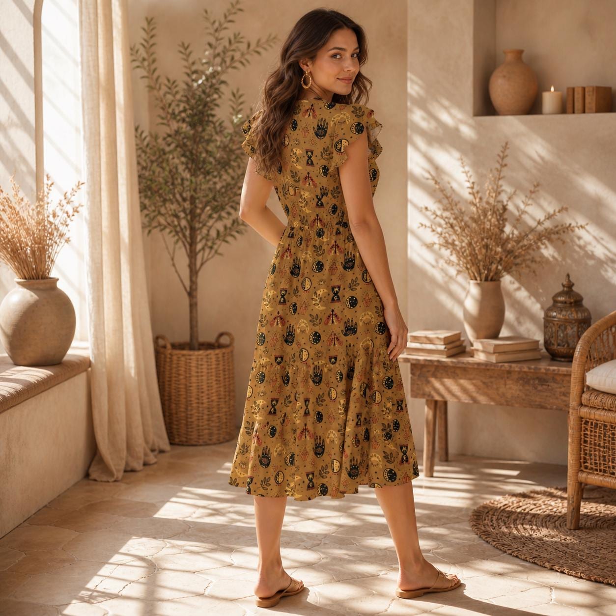Celestial Print Midi Dress, Moon Phases, Mystical Symbols, Boho Charm, V-Neck, Flowing Silhouette